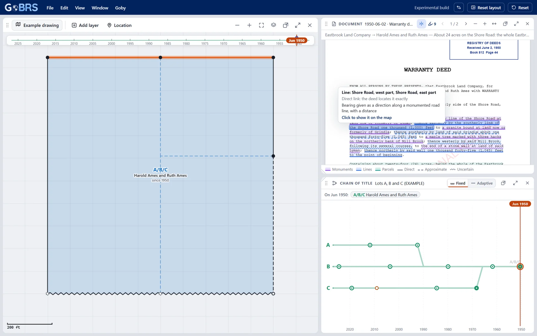 The GoBRS workspace: an example drawing with the Shore Road line highlighted, linked to a quote in a warranty deed at top right, and a chain of title timeline at bottom right
